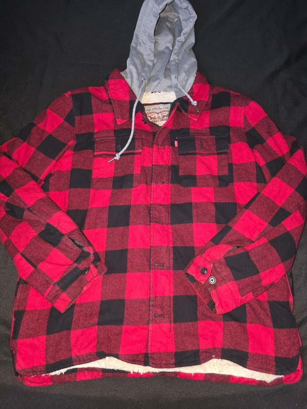 Levi's Sherpa Lined Classic Flannel Plaid Shirt Jacket with Jersey Hood